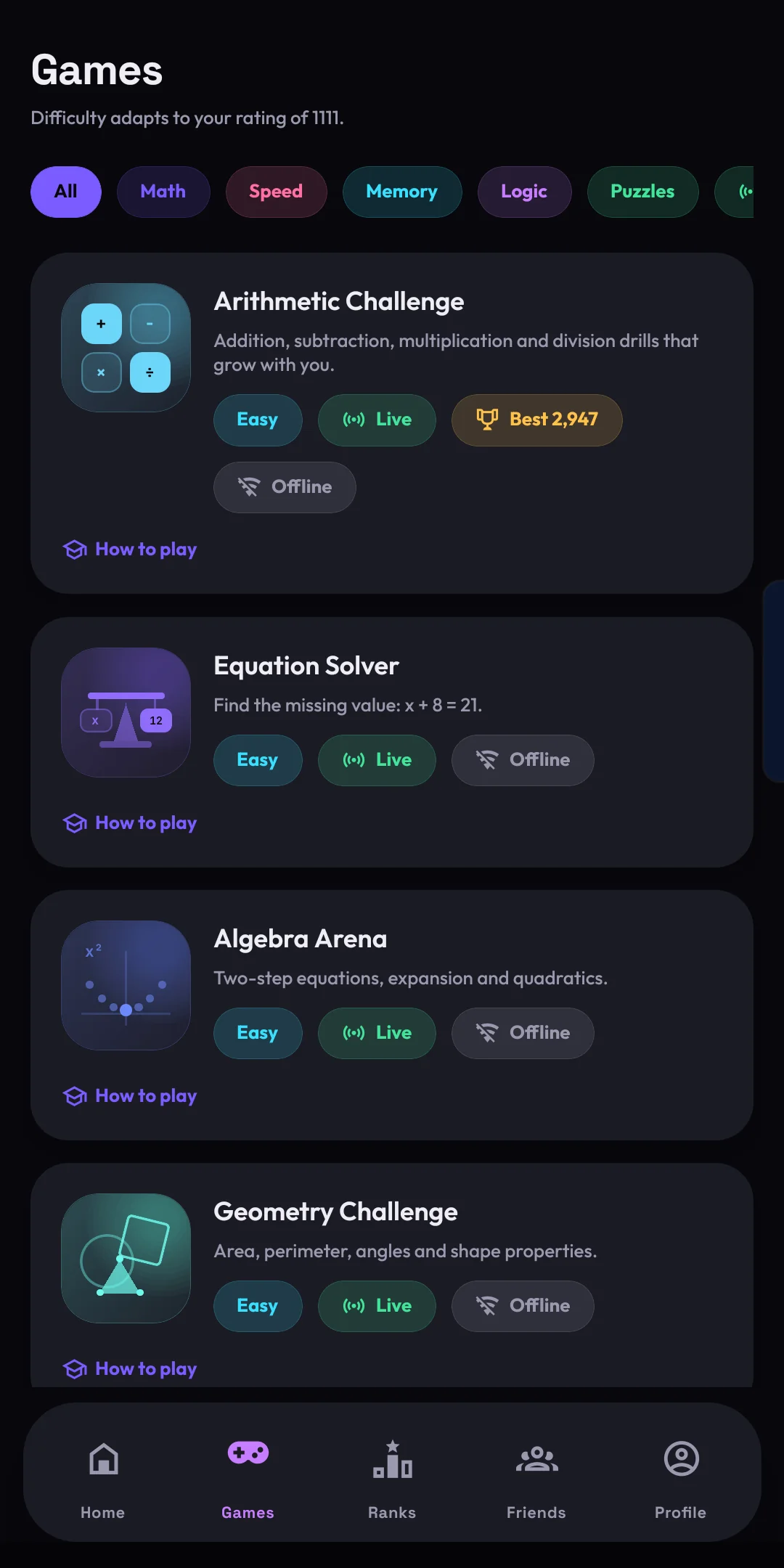 Calquest Games screen