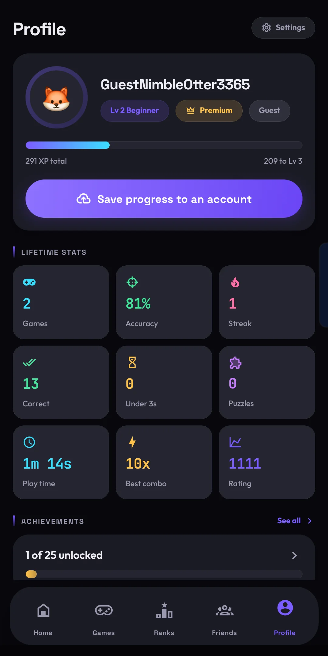 Calquest Profile screen